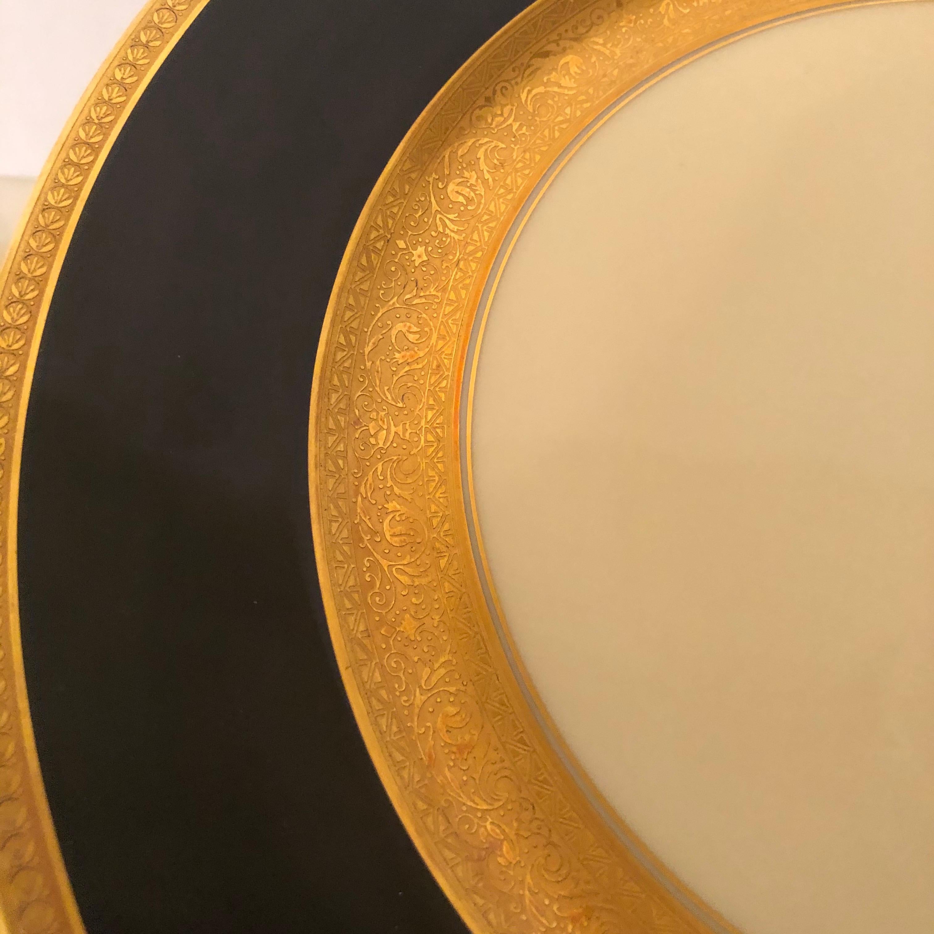 Porcelain Set of 12 Czechoslovakian Cobalt Dinner Plates with Two Gold Decorated Borders