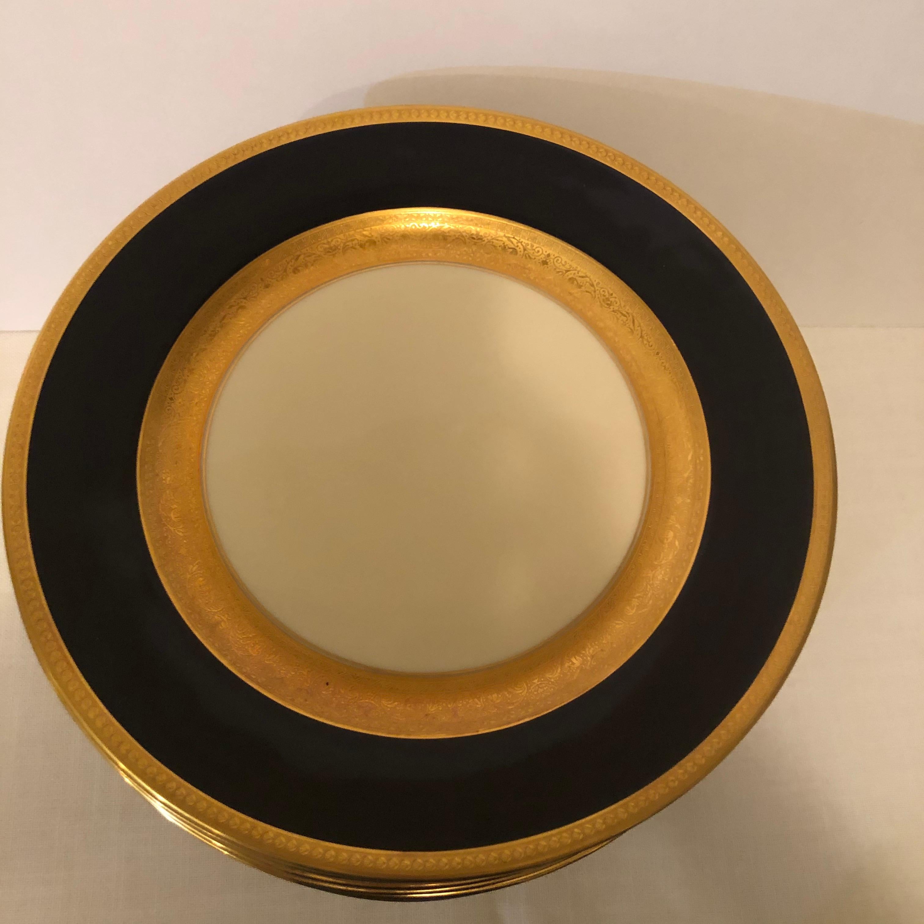 Set of 12 Czechoslovakian Cobalt Dinner Plates with Two Gold Decorated Borders 1