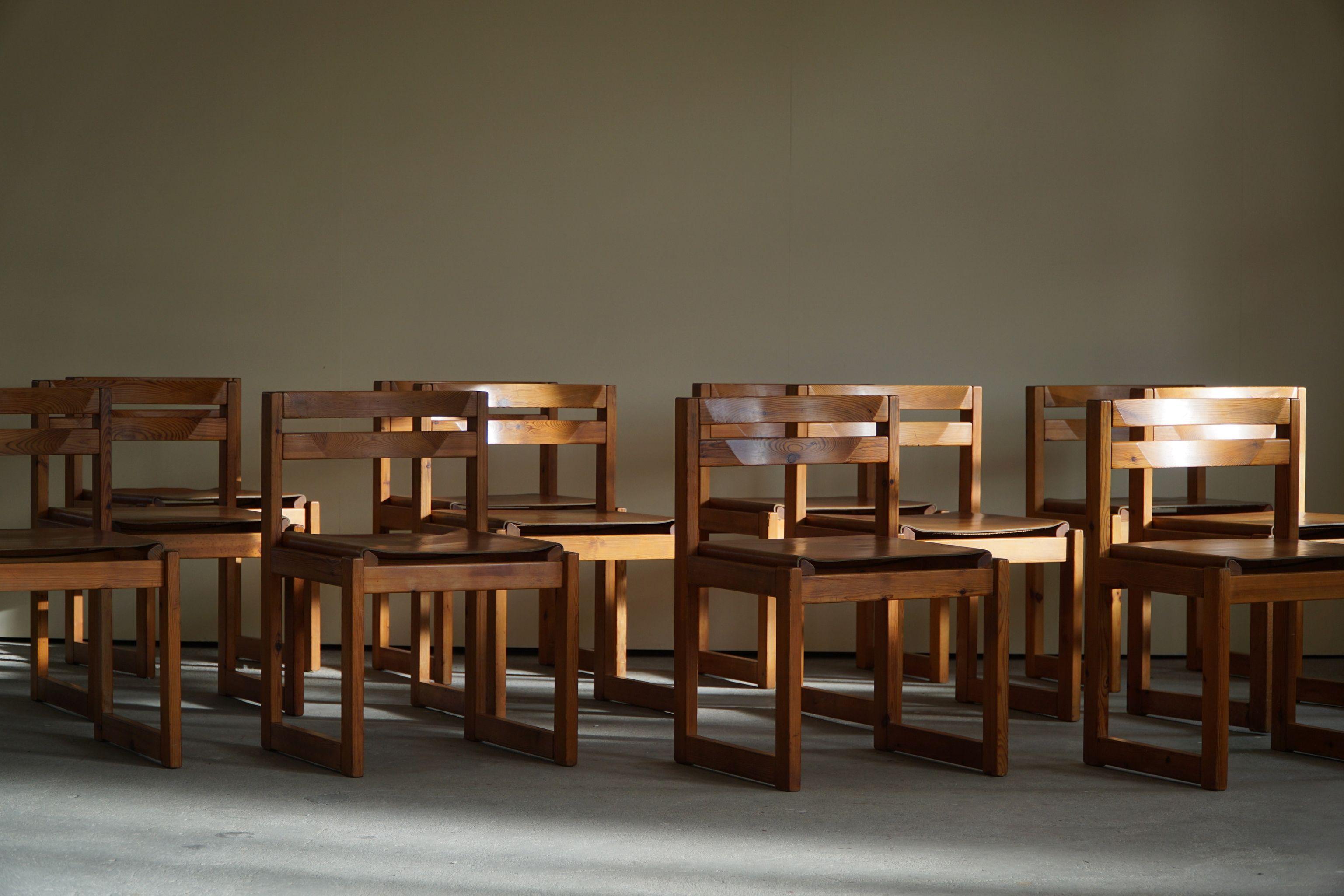 Set of 12, Danish Modern Dining Chairs in Pine and Leather, by Knud Færch, 1970s 11