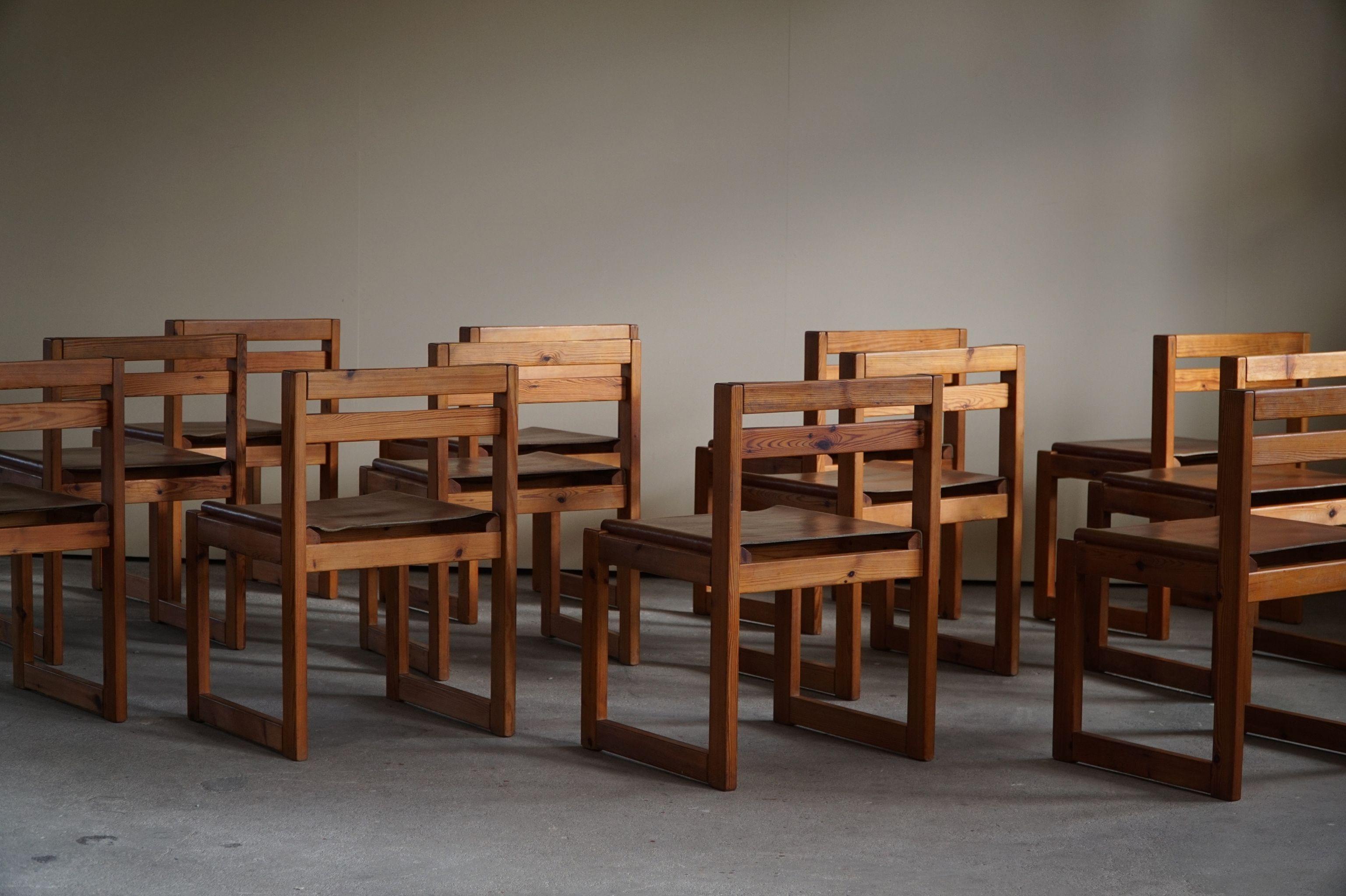 Set of 12, Danish Modern Dining Chairs in Pine and Leather, by Knud Færch, 1970s 13