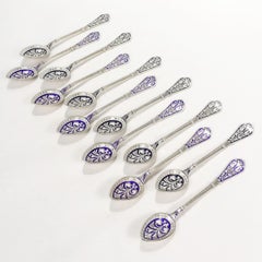 Set of 12 David Andersen Gilt Sterling Silver & Blue Enamel Demitasse Spoons