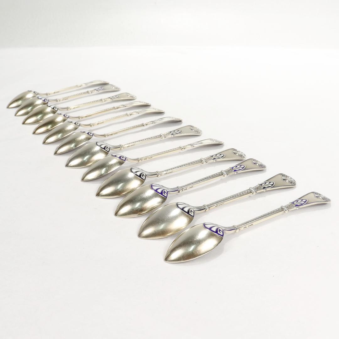 Set of 12 David Andersen Gilt Sterling Silver & Blue Enamel Demitasse Spoons In Good Condition For Sale In Philadelphia, PA