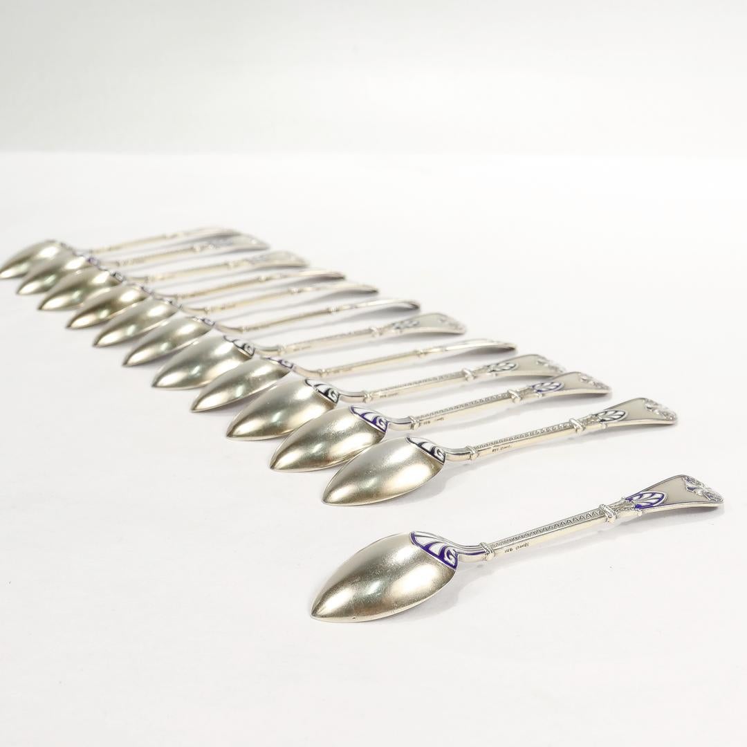 Women's or Men's Set of 12 David Andersen Gilt Sterling Silver & Blue Enamel Demitasse Spoons For Sale