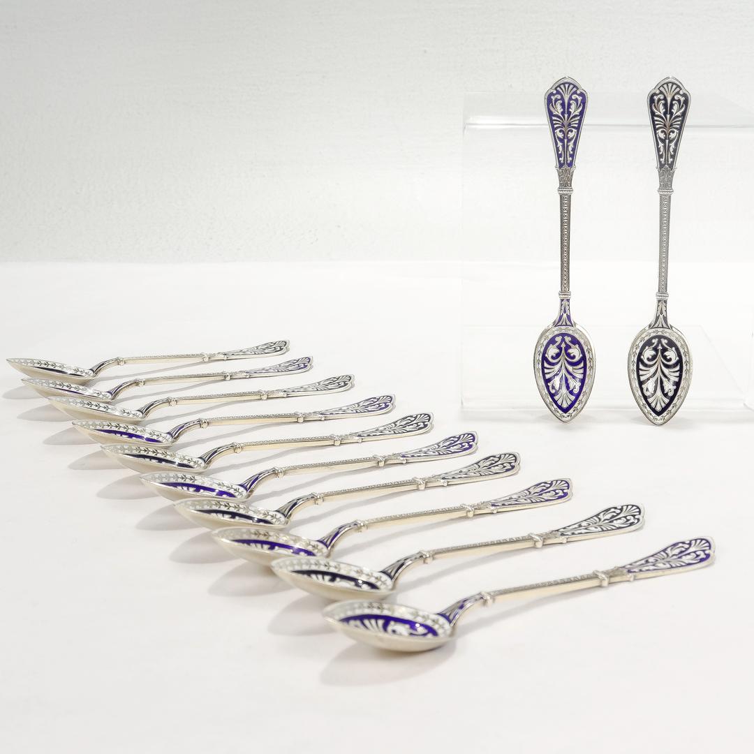 Set of 12 David Andersen Gilt Sterling Silver & Blue Enamel Demitasse Spoons For Sale 2