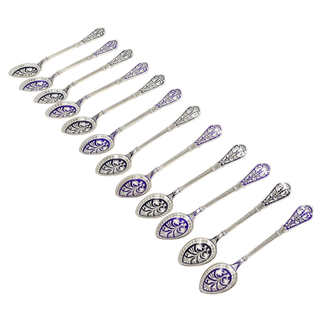 Set of 12 David Andersen Gilt Sterling Silver & Blue Enamel Demitasse Spoons
