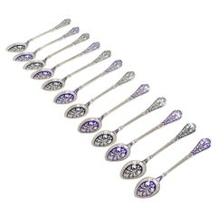 Set of 12 David Andersen Gilt Sterling Silver & Blue Enamel Demitasse Spoons