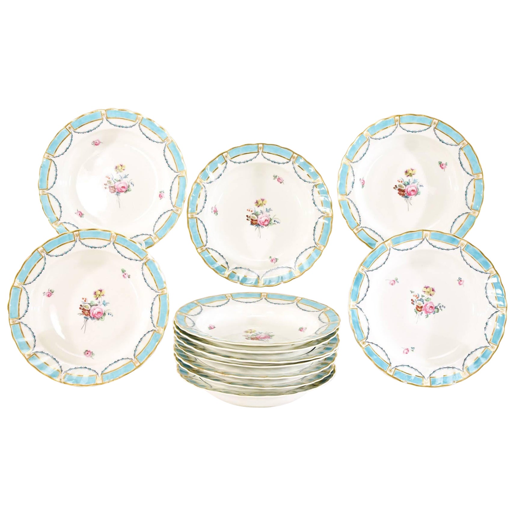 Set di 12 zuppiere con bordo Derby 1830 con centri turchesi, dorati e floreali in vendita