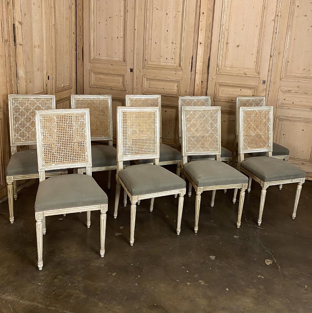 Hand-Carved Set of 12 Dining Chairs, Antique French Louis XVI with Cane Seatbacks