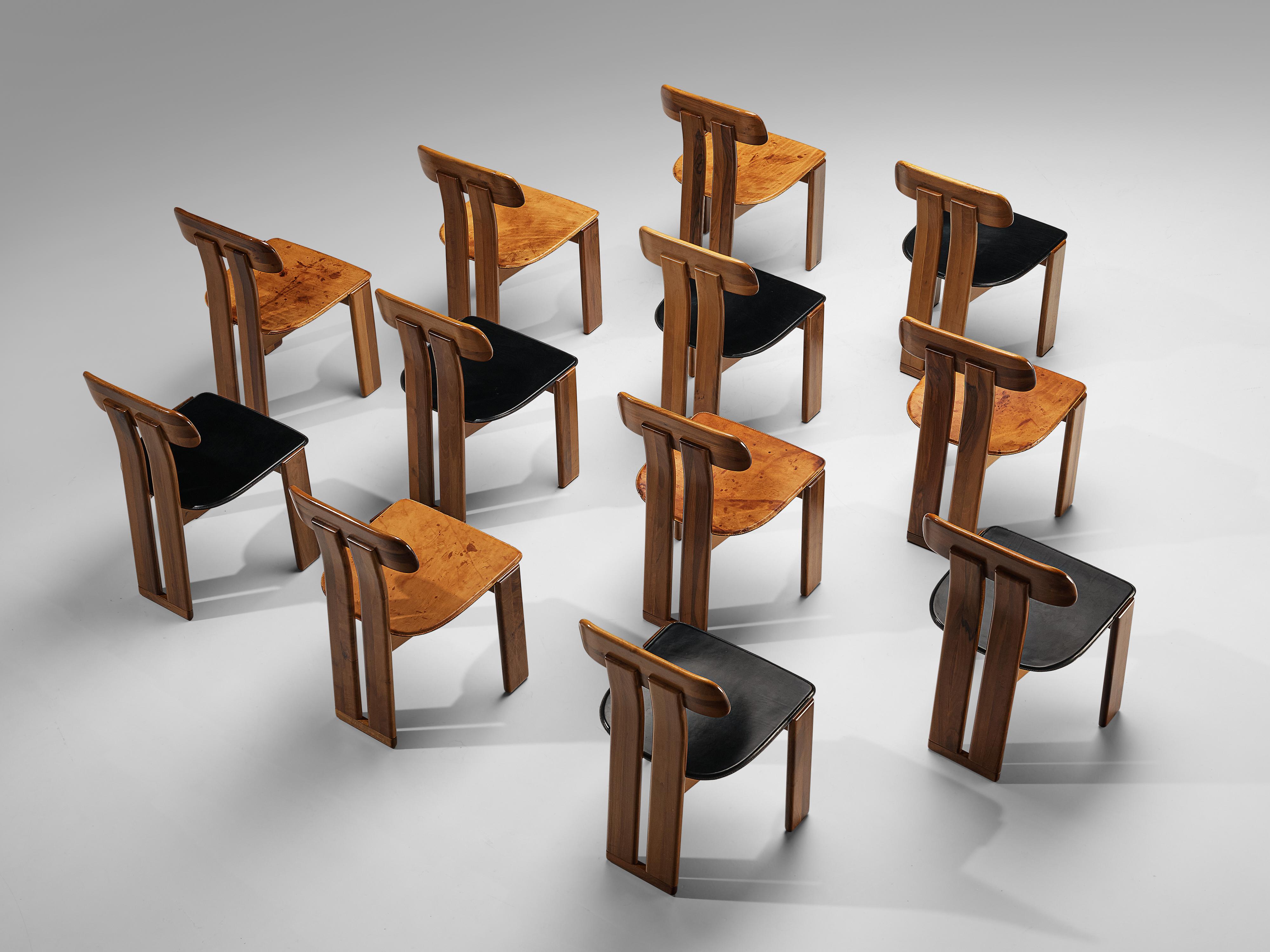 Late 20th Century Set of 12 Dining Chairs by Sapporo in Walnut and Black and Cognac Leather