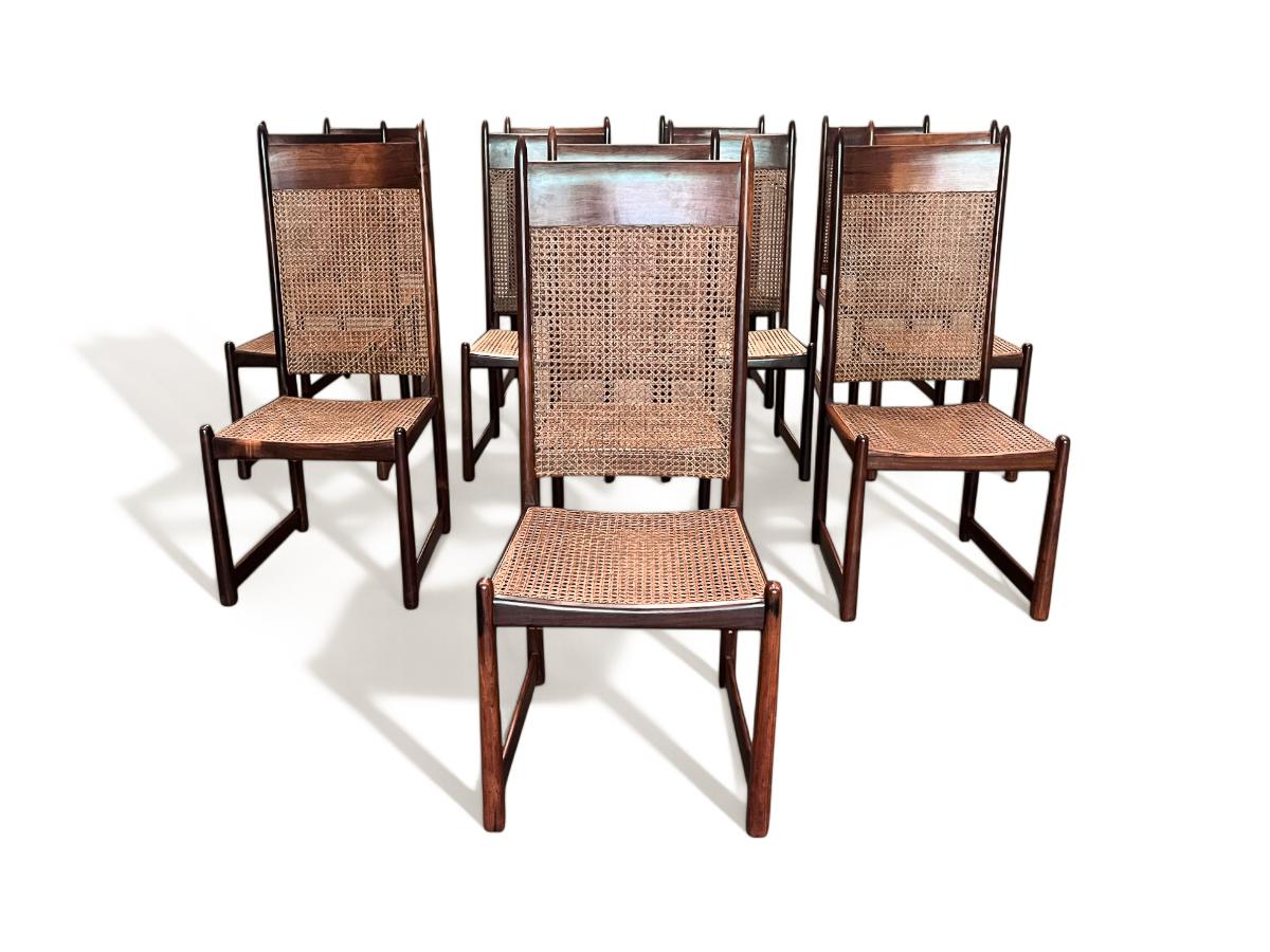 Canne Ensemble de 12 chaises de salle à manger en bois dur et cannage par Fatima, c. 1960s en vente