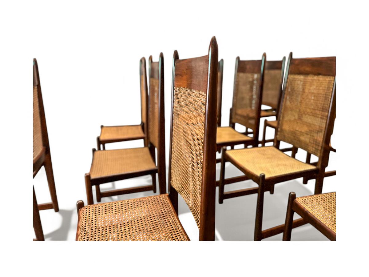 Ensemble de 12 chaises de salle à manger en bois dur et cannage par Fatima, c. 1960s en vente 1