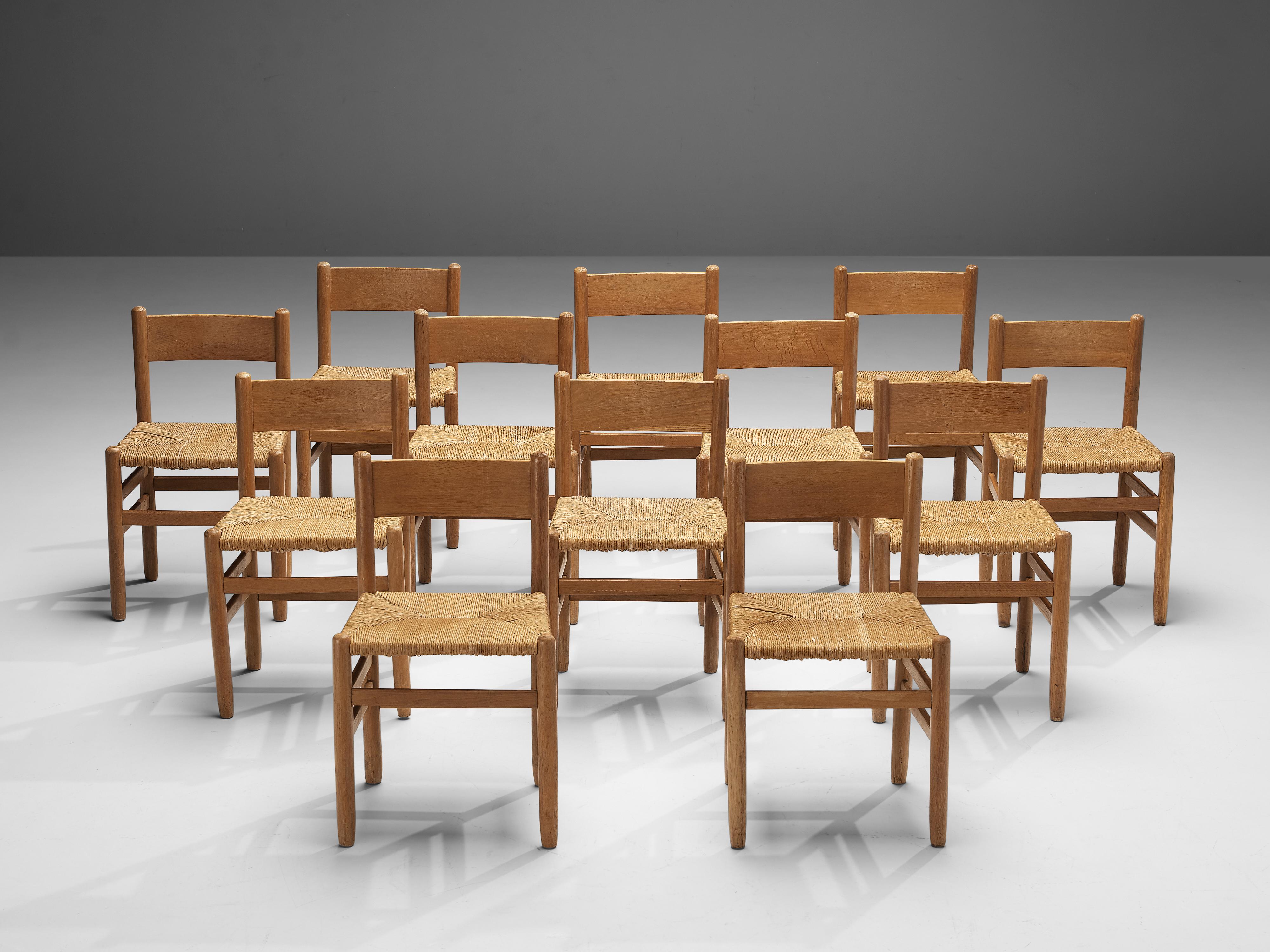 Mid-Century Modern Set of 12 Dining Chairs in Oak with Rush Seating