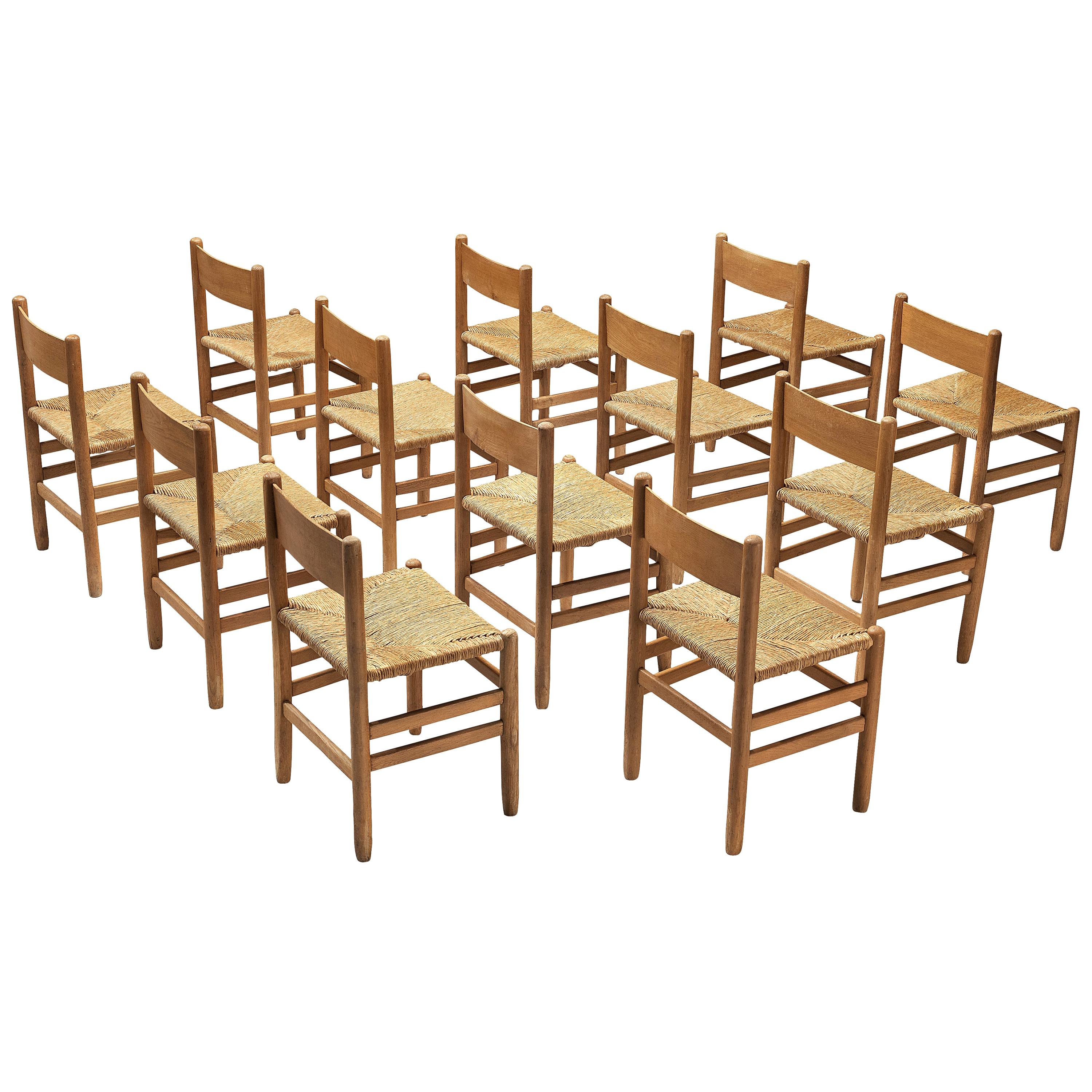 Set of 12 Dining Chairs in Oak with Rush Seating