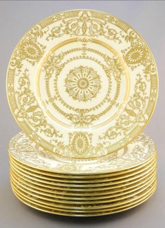 Set of 12 Dinner Plates, Royal Worcester England All Over Gold Decorated