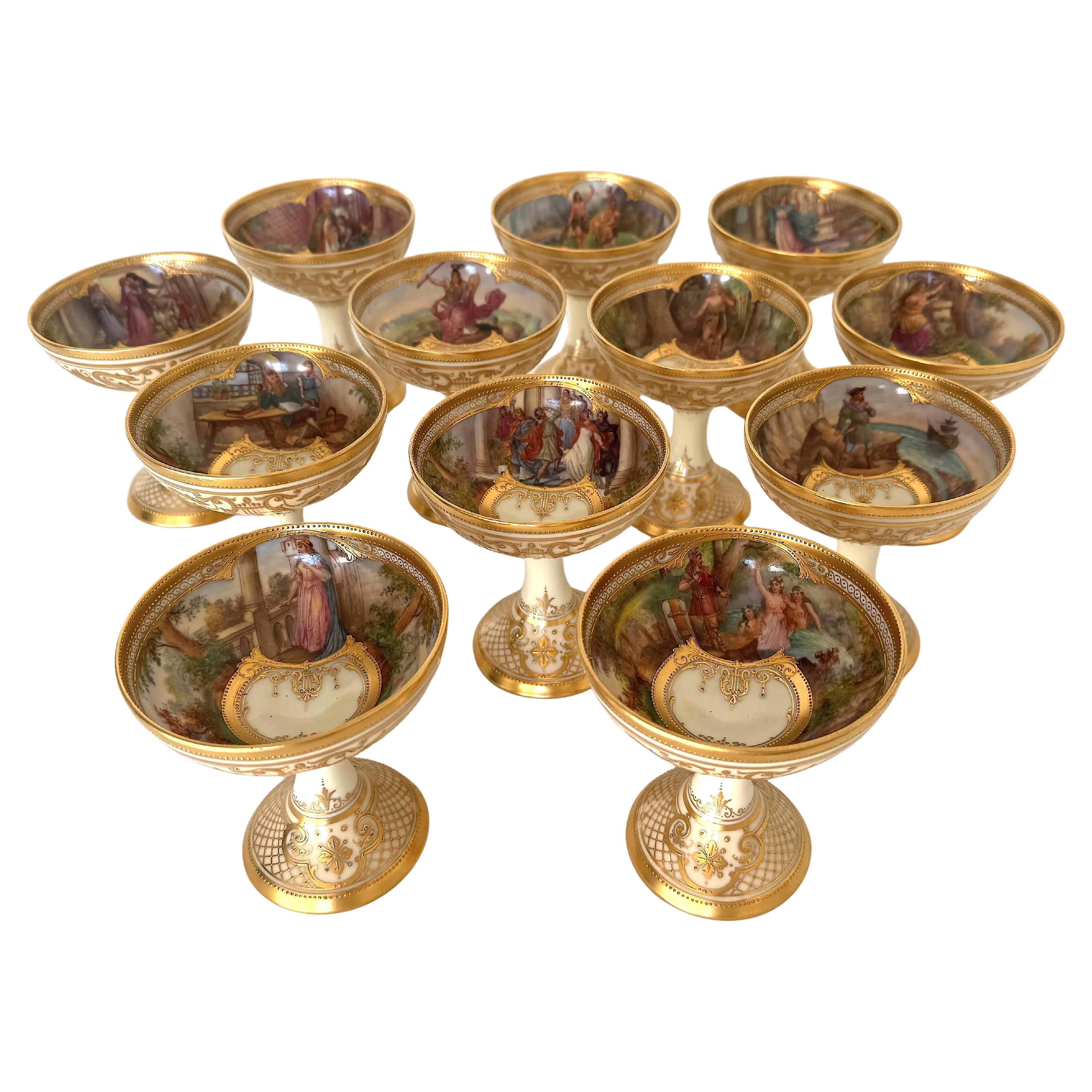 Set of 12 Dresden Ambrosius Lamm Opera Footed Cups Dessert Sherbets Hand painted