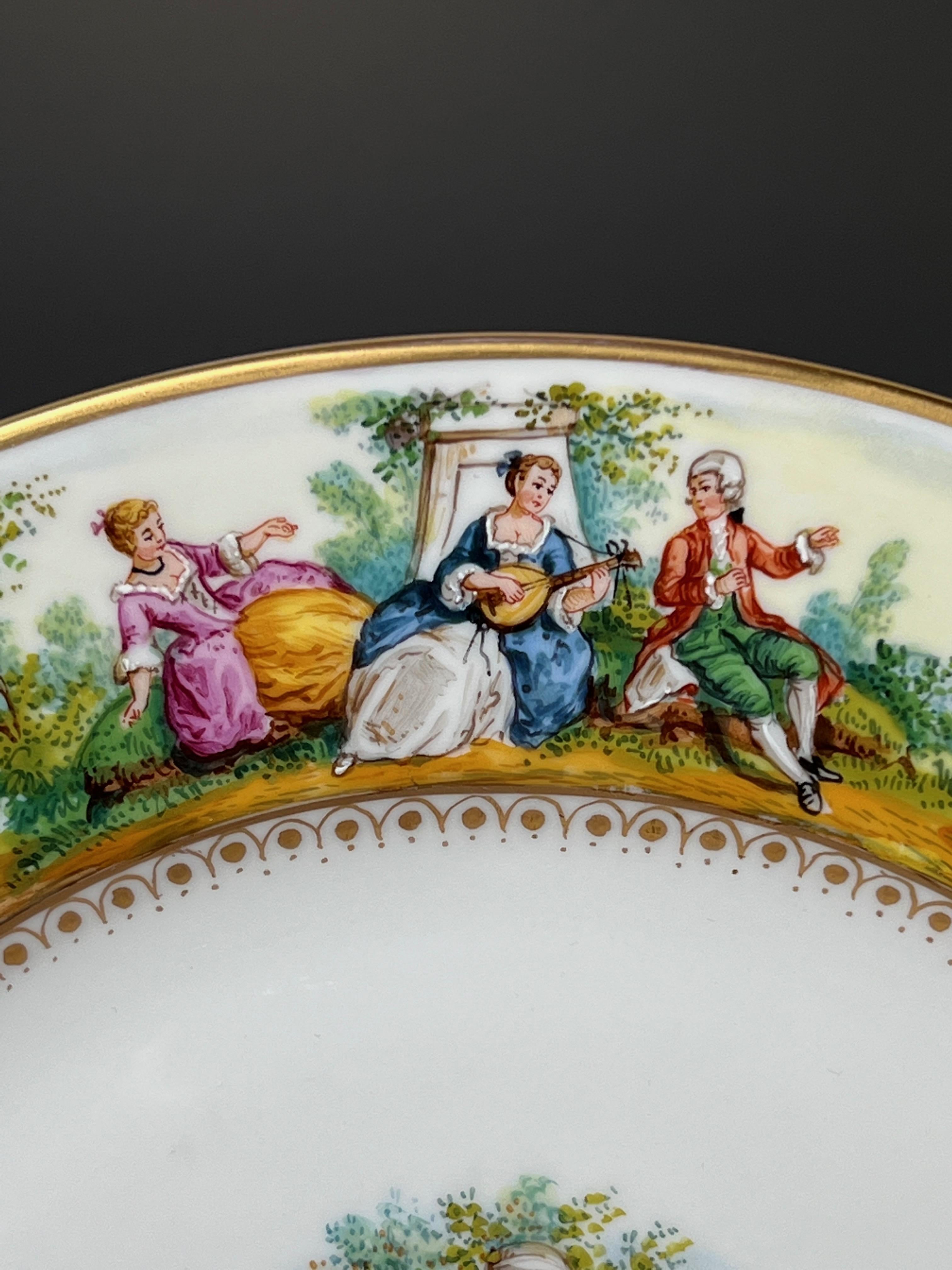 German Set of 12 Dresden Hand Painted Watteau Subjects Dinner Plates Carl Thieme For Sale