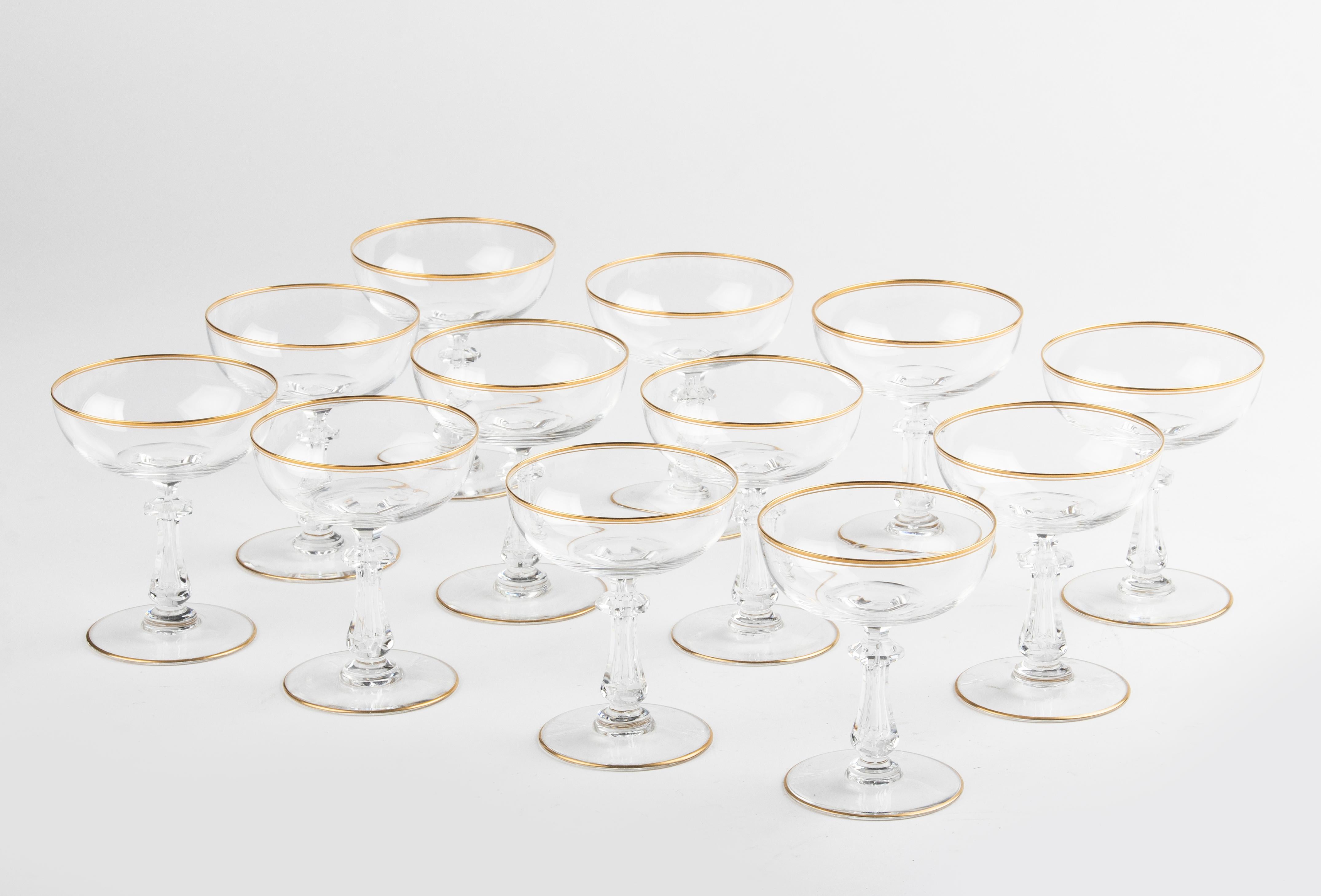 Belle Époque Set of 12 Early 20th Century Fine Crystal Cocktail or Champagne Glasses