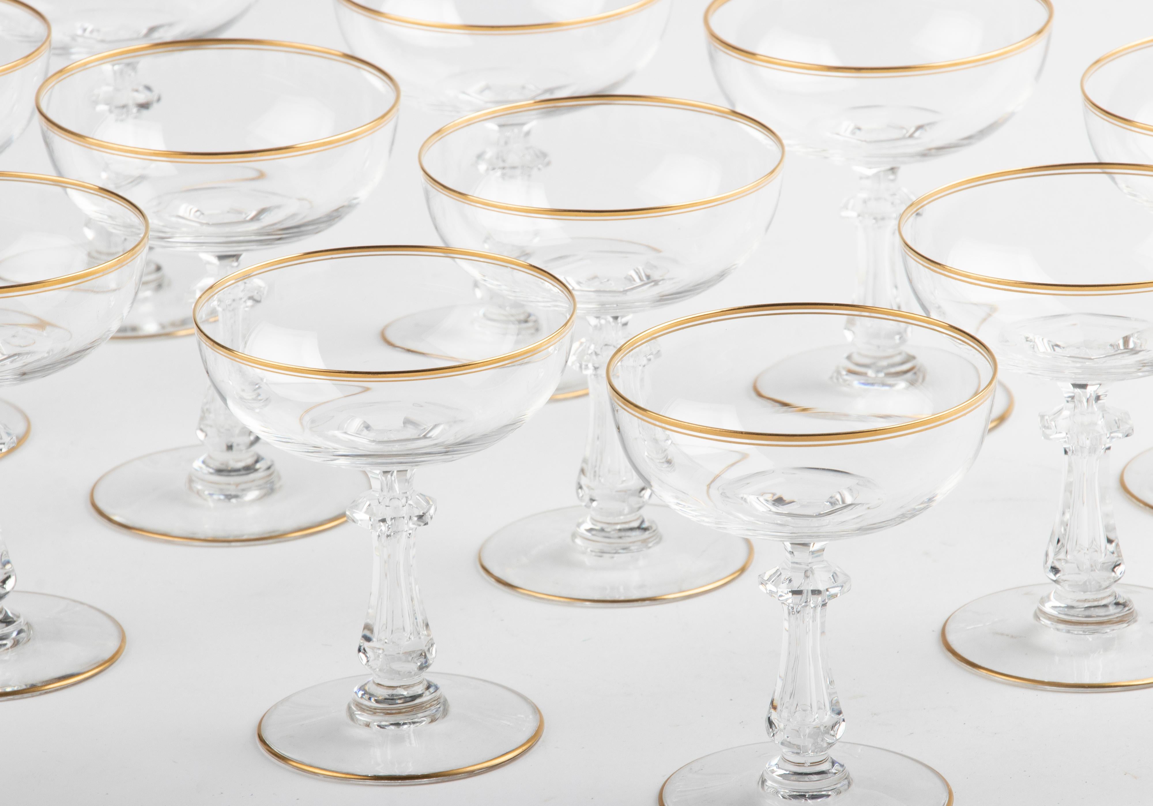 French Set of 12 Early 20th Century Fine Crystal Cocktail or Champagne Glasses
