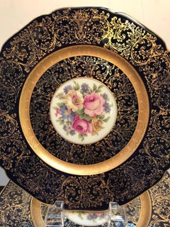 Set of 12 Elaborate Cobalt and Gilt Floral Service Plates