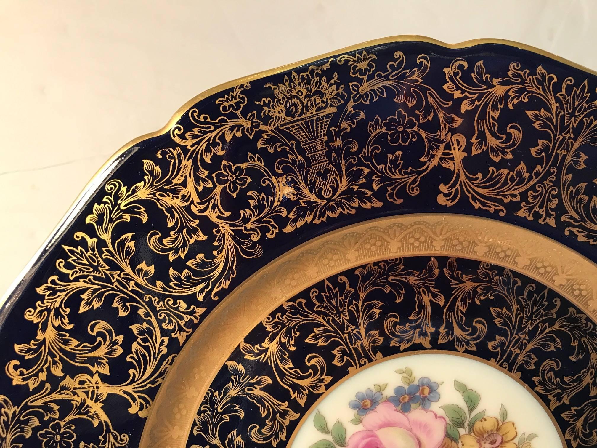 Set of 12 Elaborate Cobalt and Gilt Floral Service Plates In Excellent Condition In Lambertville, NJ