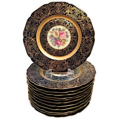 Set of 12 Elaborate Cobalt and Gilt Floral Service Plates