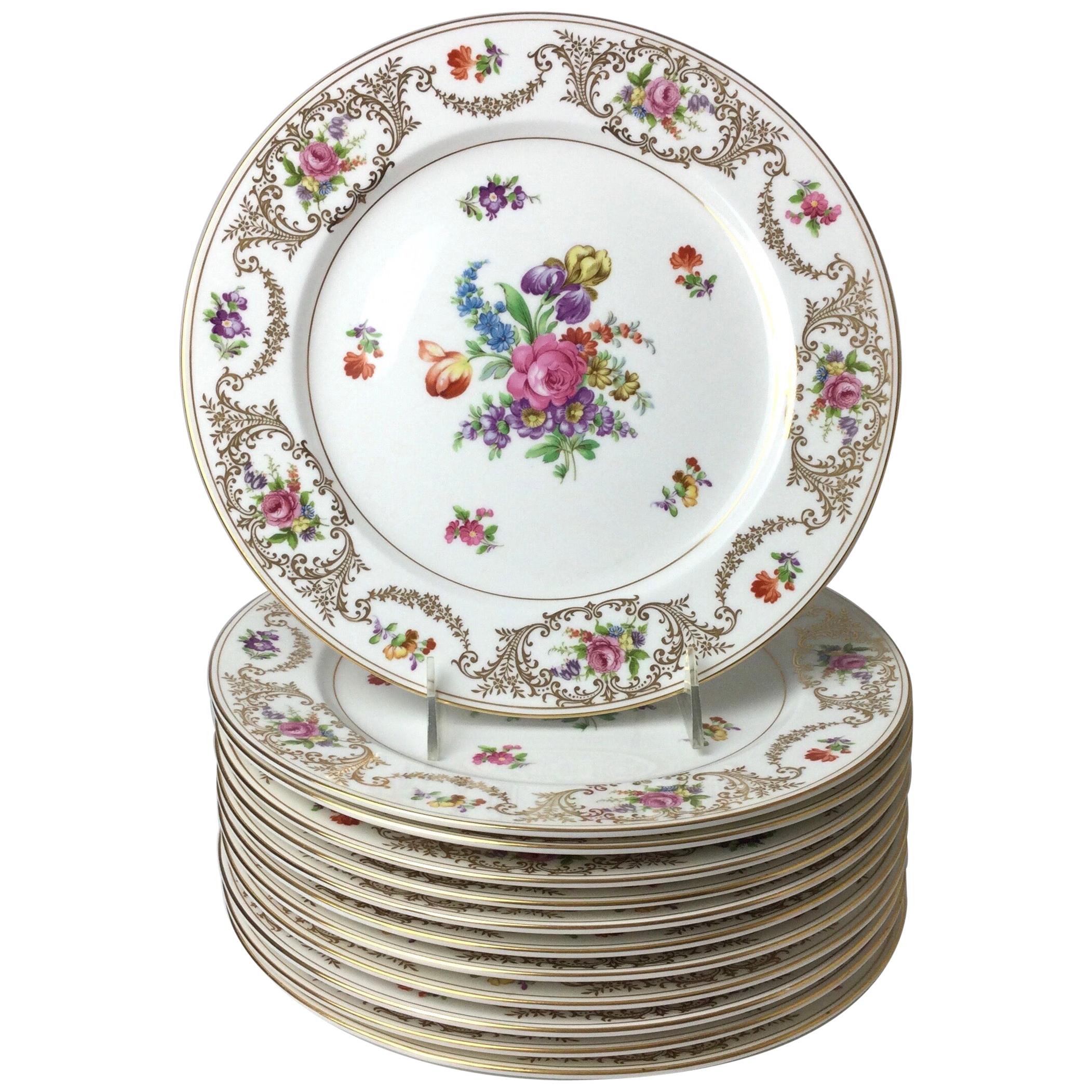 Set von 12 aufwändigen Noritake-Esstellern aus handbemalter Knochenporzellan-Service