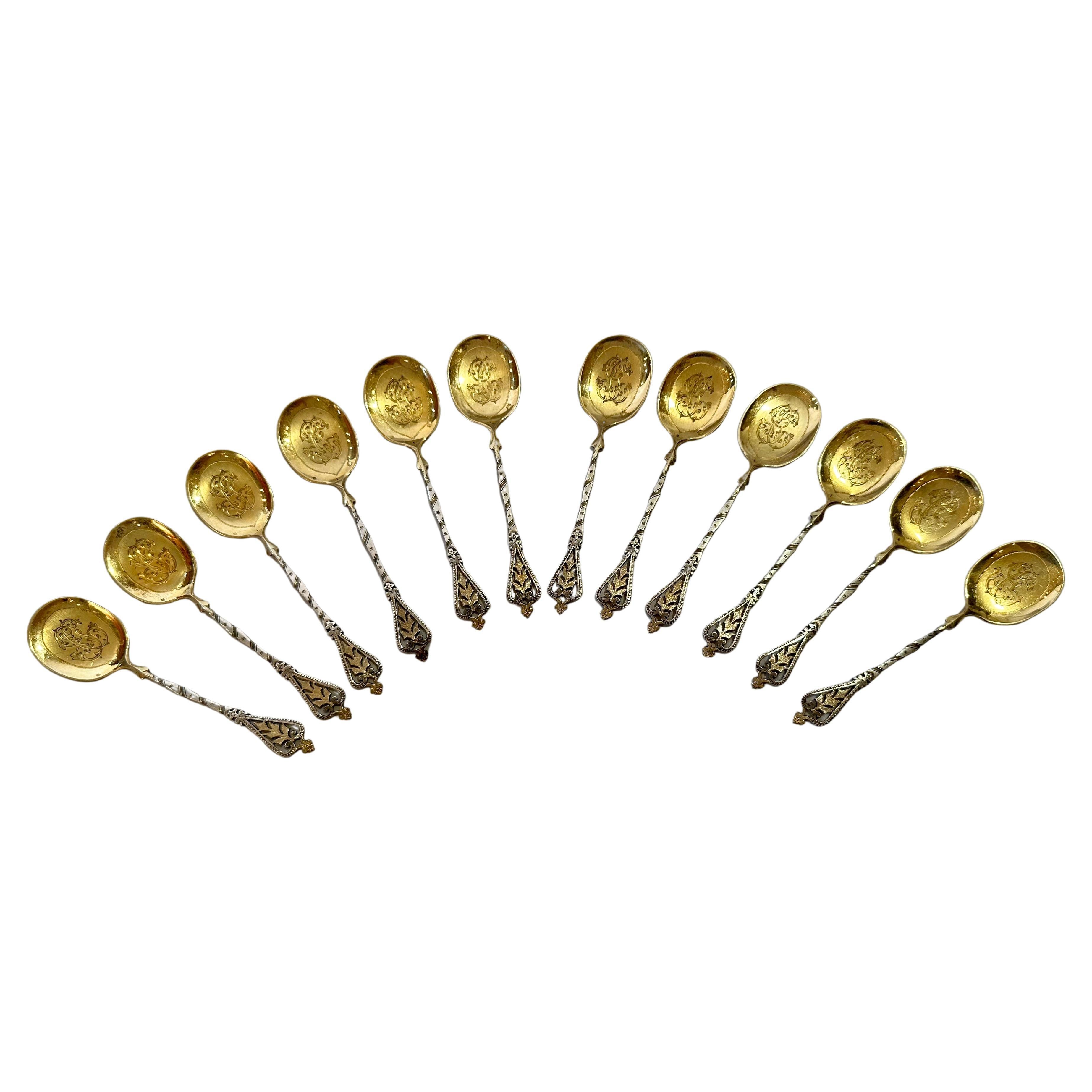 Set of 12 Elegant Antique French Silver & Vermeil Spoons, Circa 1890's. For Sale