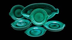 Set of 12 Emerald Green Fish Plates with Large Serving Platter by Sarreguemies