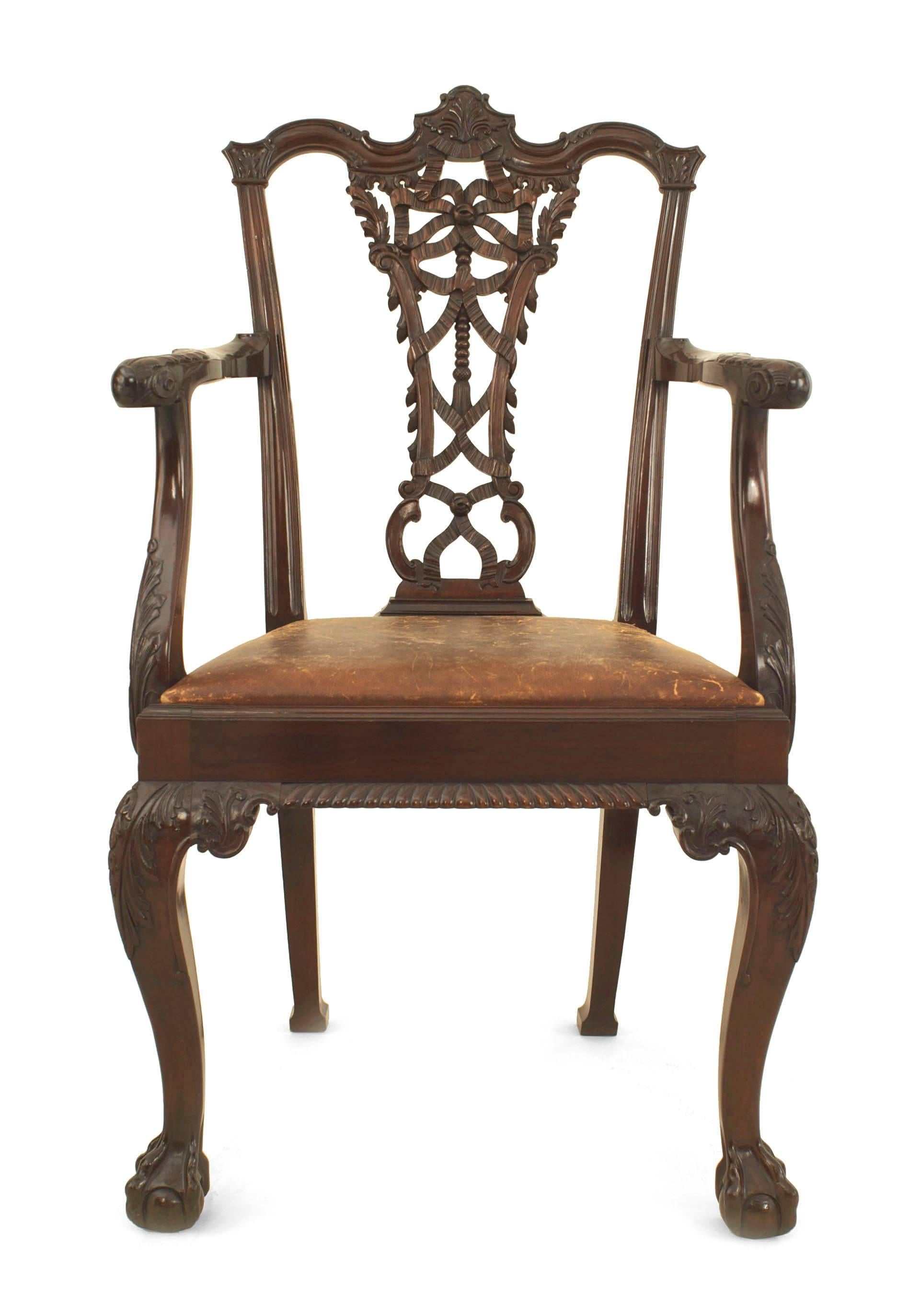 Set of 12 English Chippendale style (late 19th Cent) chairs with a carved ribbon back and an antique brown leather slip seat (2 arms-23.25