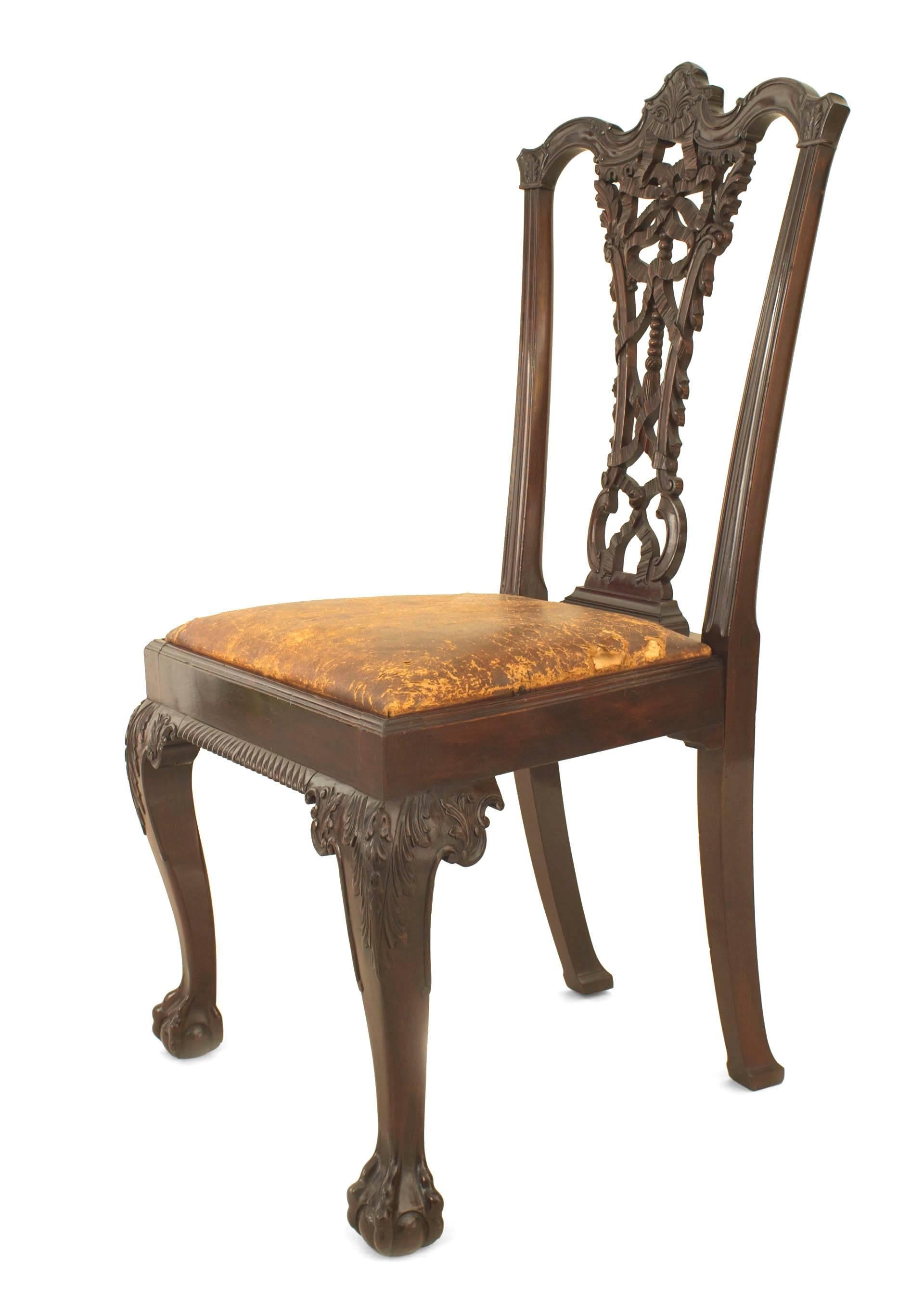 19th Century Set of 12 English Chippendale Brown Leather Chairs For Sale