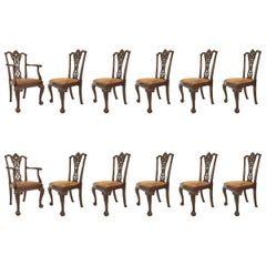 Antique Set of 12 English Chippendale Brown Leather Chairs