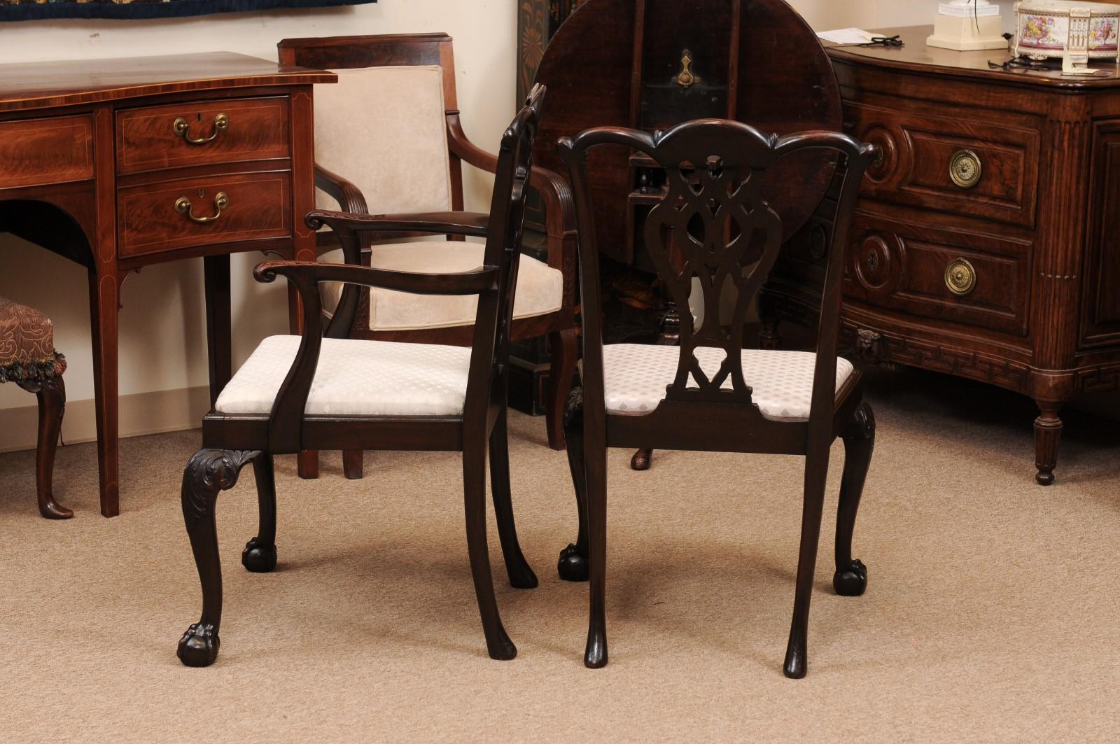 Acajou Ensemble de 12 chaises de salle à manger anglaises en acajou de style Chippendale, vers 1890 (2 bras et 10 pièces) en vente
