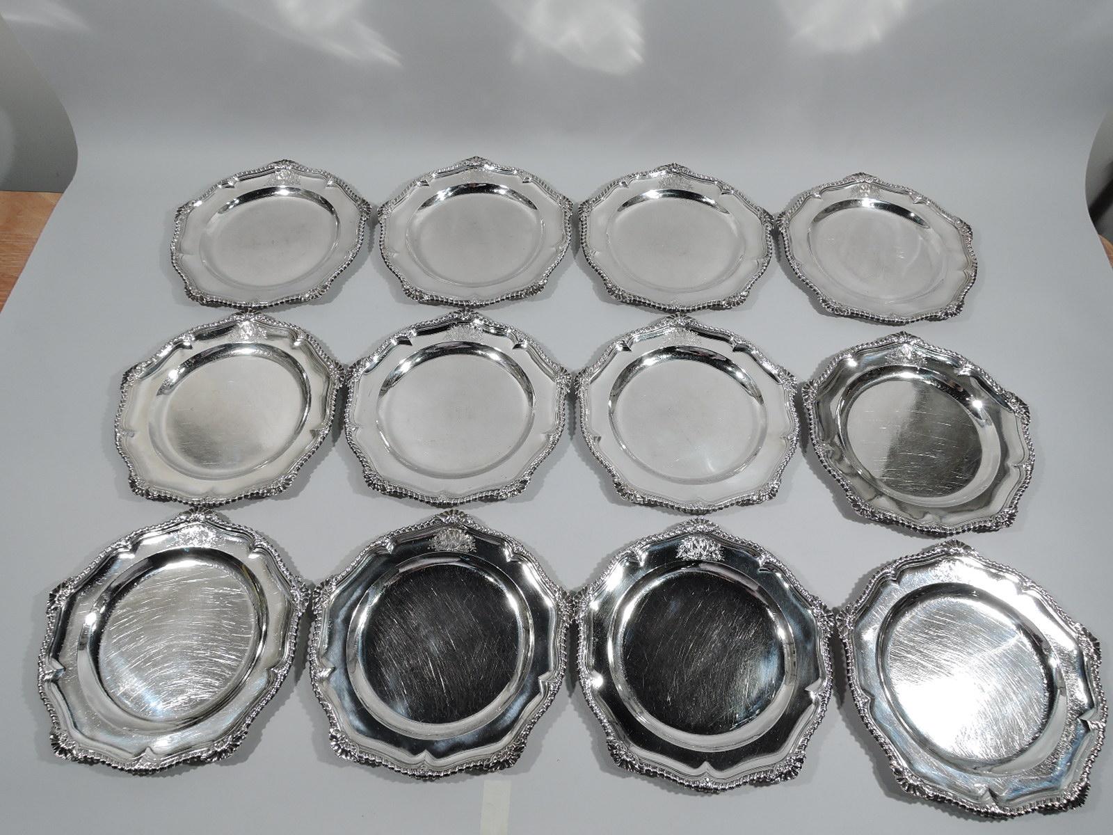 Mid-18th Century Set of 12 English Georgian Silver Dinner Plates by Archambo & Meure