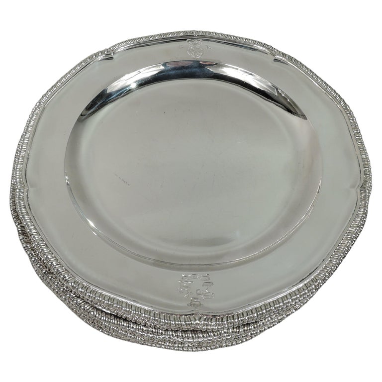Set of 12 English Sterling Silver Dinner Plates with Royal Provenance For Sale at 1stDibs
