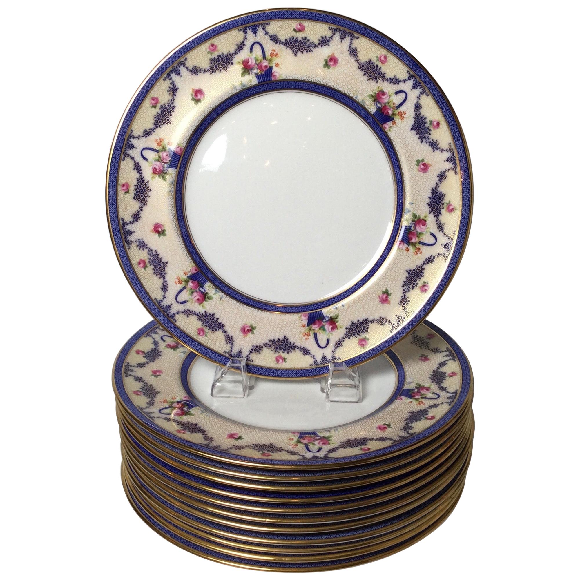 Set of 12 English Gilt and Floral Service Dinner Plates, circa 1910