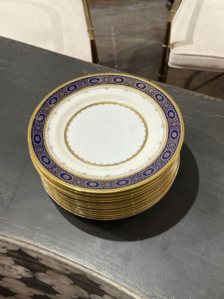Very fine set of 12 Mintons cobalt and gold encrusted dinner plates. Beautiful design and so elegant!