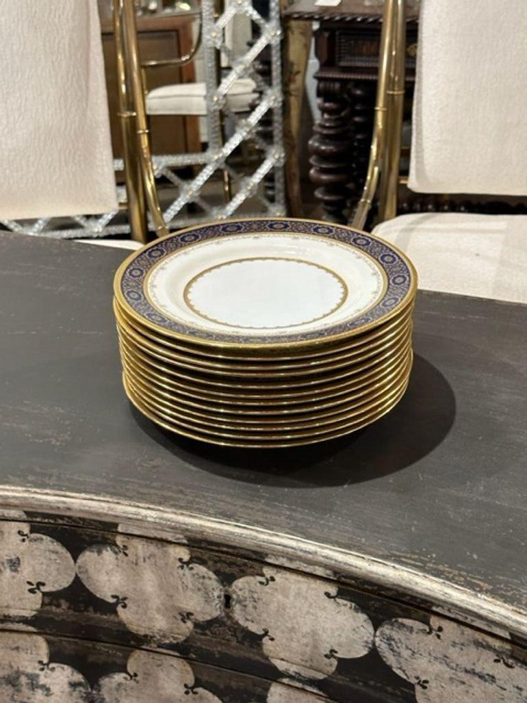20th Century Set of 12 English Mintons Cobalt and Gold Encrusted Dinner Plates For Sale