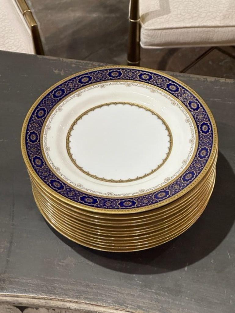 Set of 12 English Mintons Cobalt and Gold Encrusted Dinner Plates For Sale 1