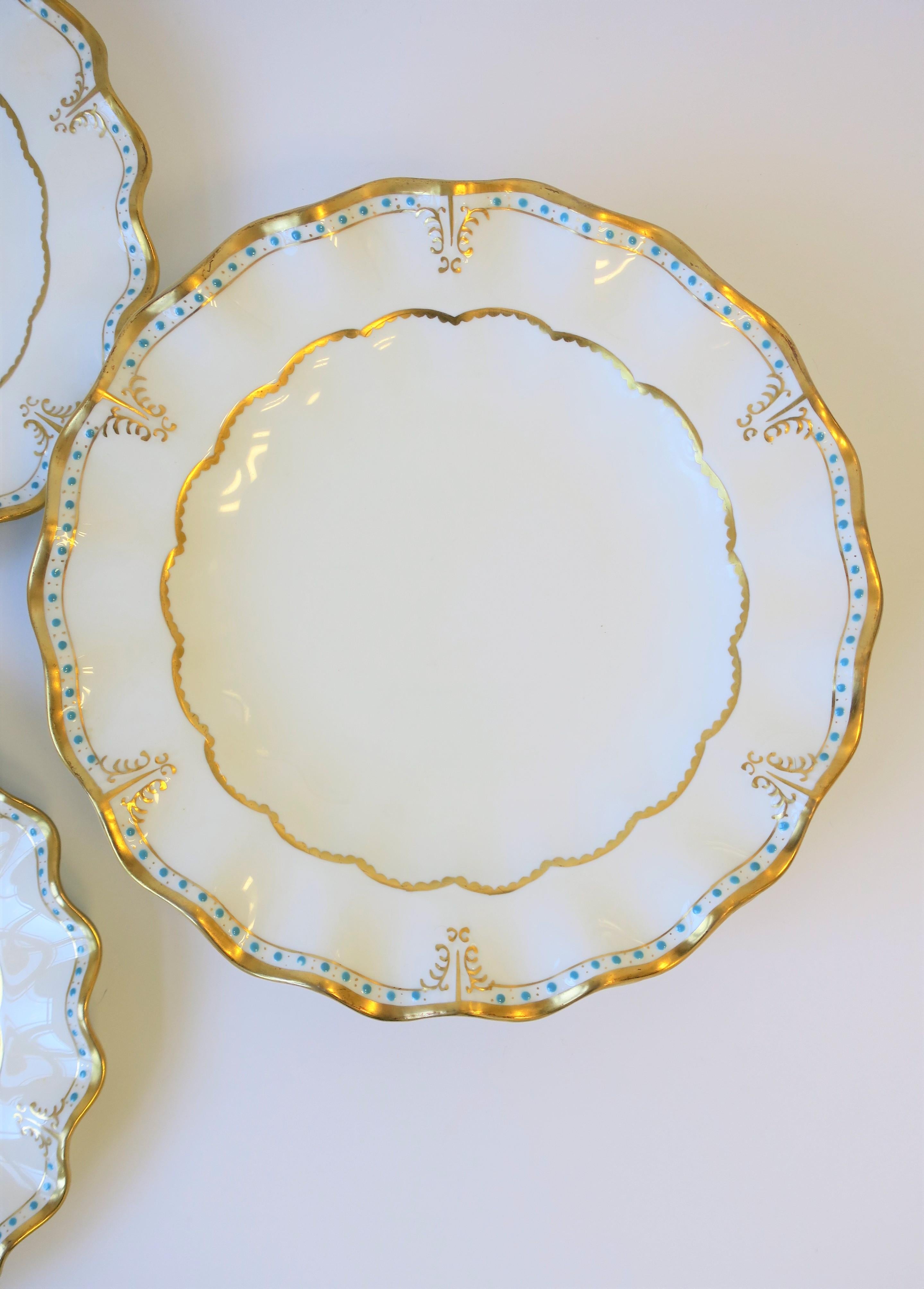 20th Century English Royal Crown Derby Porcelain Dinner Plates in White and Gold, Set of 12