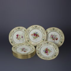 Set of 12 English Royal Doulton Hand Painted Floral China Dinner Plates, c1940