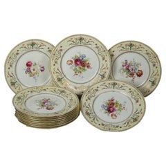 Set of 12 English Royal Doulton Hand Painted Floral China Dinner Plates, c1940