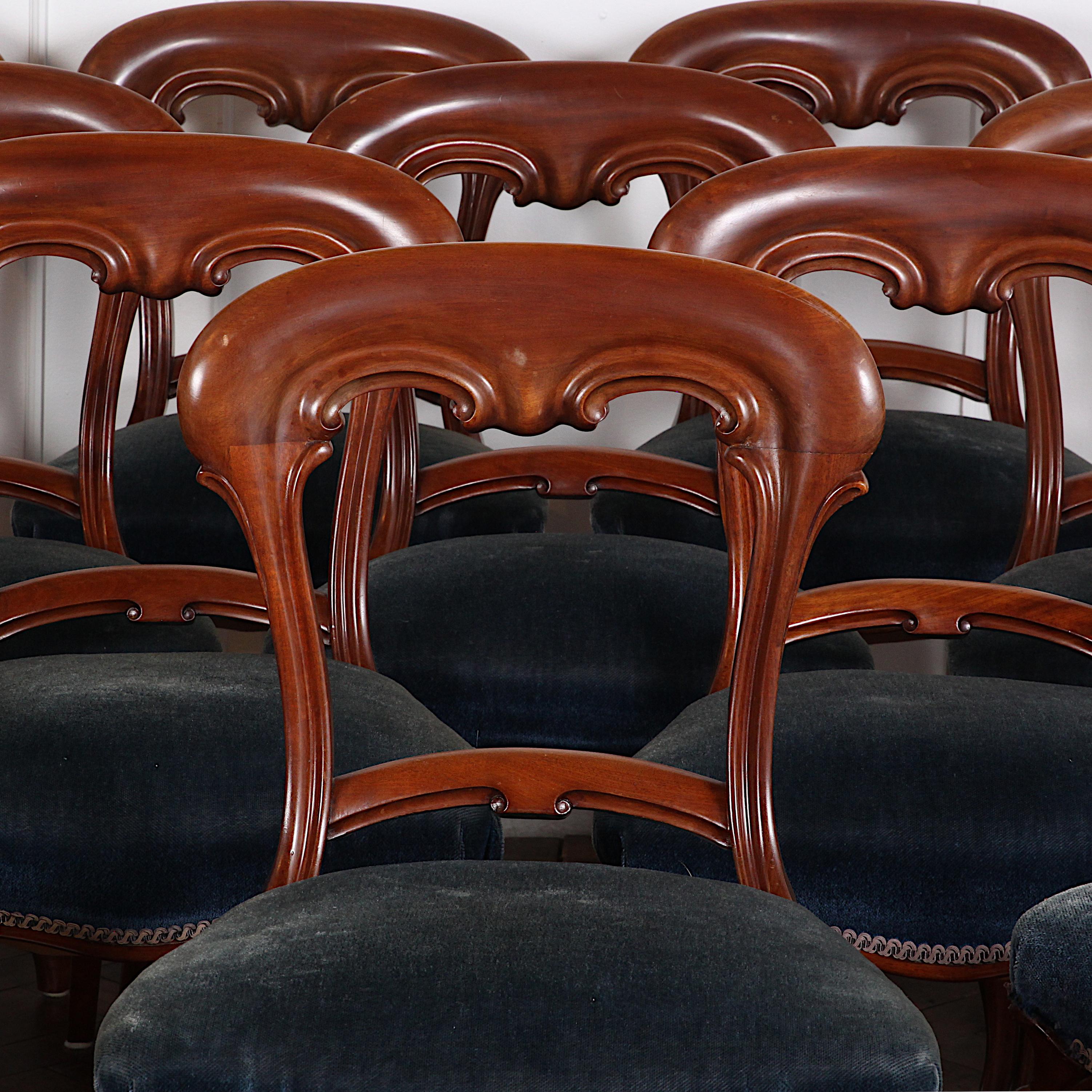Hand-Carved Set of 12 English Victorian Carved Mahogany Dining Chairs