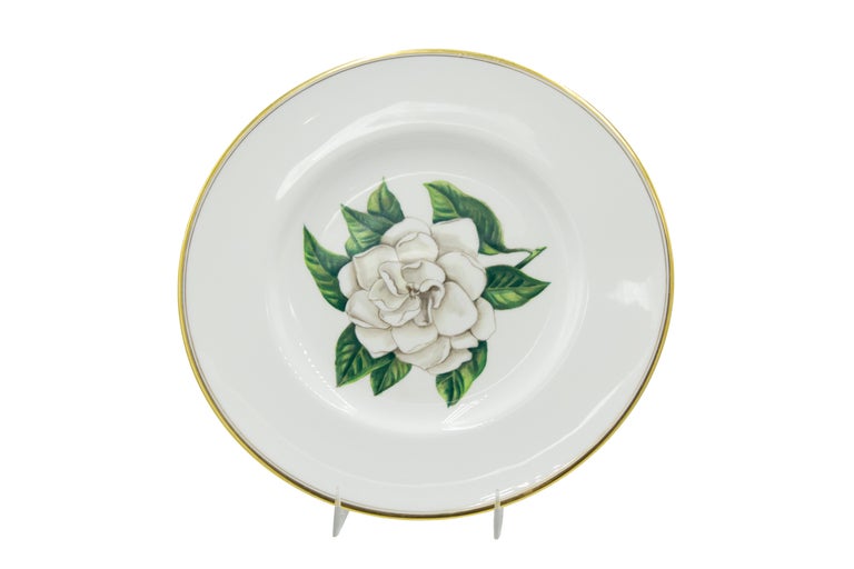 Set of 12 English Victorian white porcelain dinner plates with gold edge and individual flower center (Royal Worcester) (PRICED AS SET)
