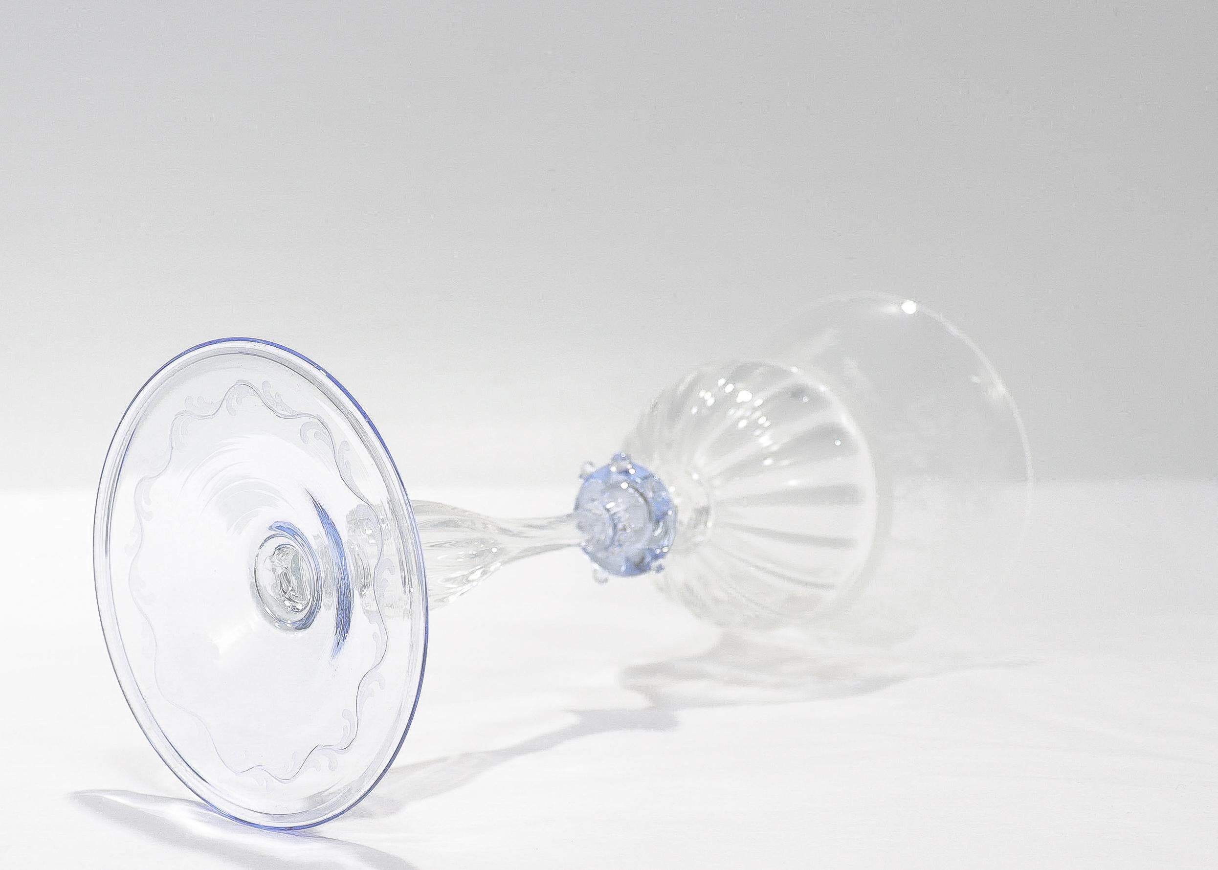 Set of 12 Engraved Salviati Murano/Venetian Clear / Blue Glass Wine Goblet Stems 4