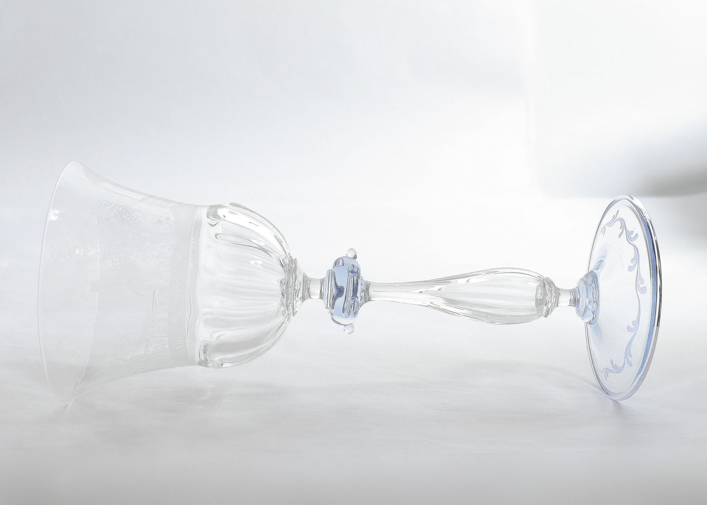 Set of 12 Engraved Salviati Murano/Venetian Clear / Blue Glass Wine Goblet Stems 6