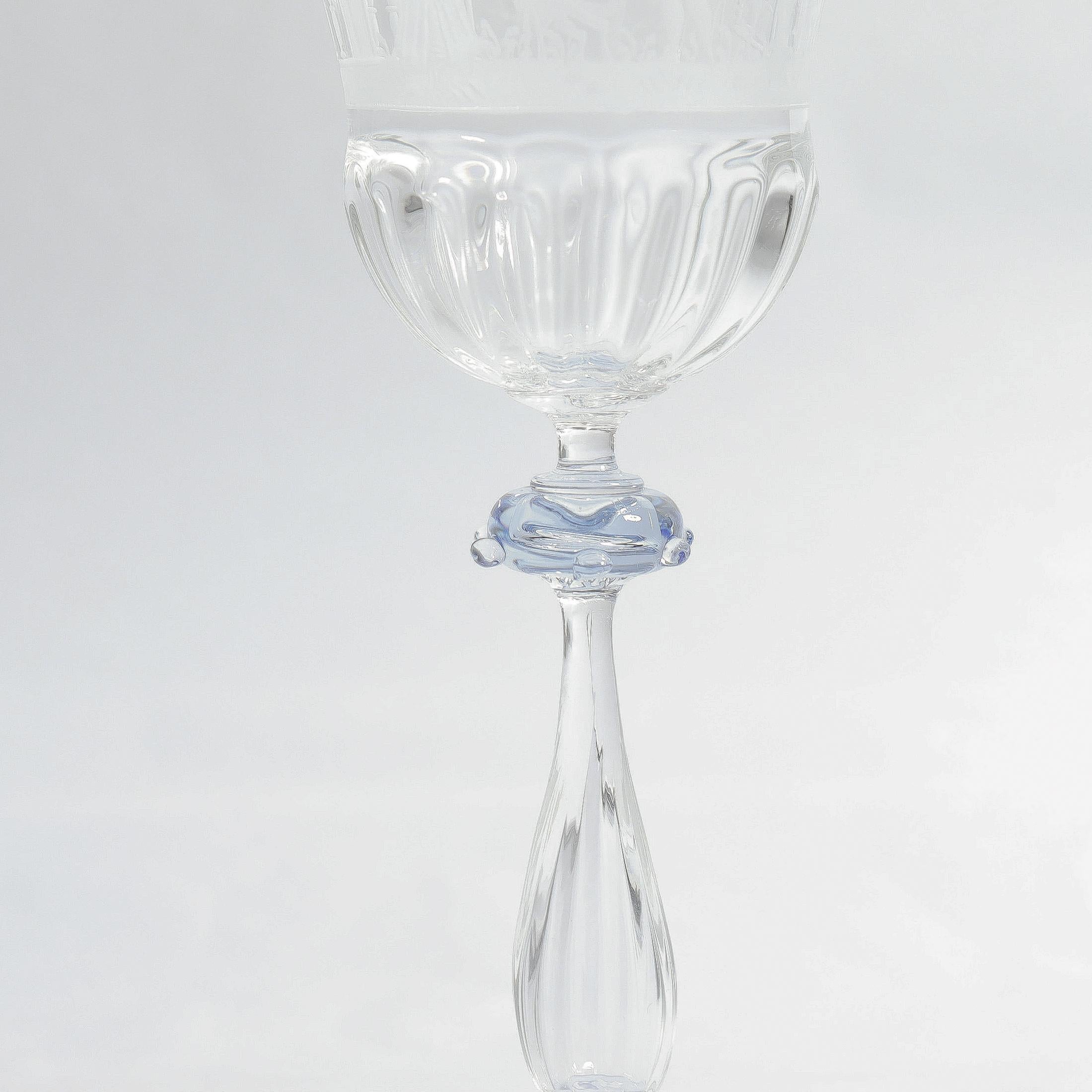 Set of 12 Engraved Salviati Murano/Venetian Clear / Blue Glass Wine Goblet Stems 8