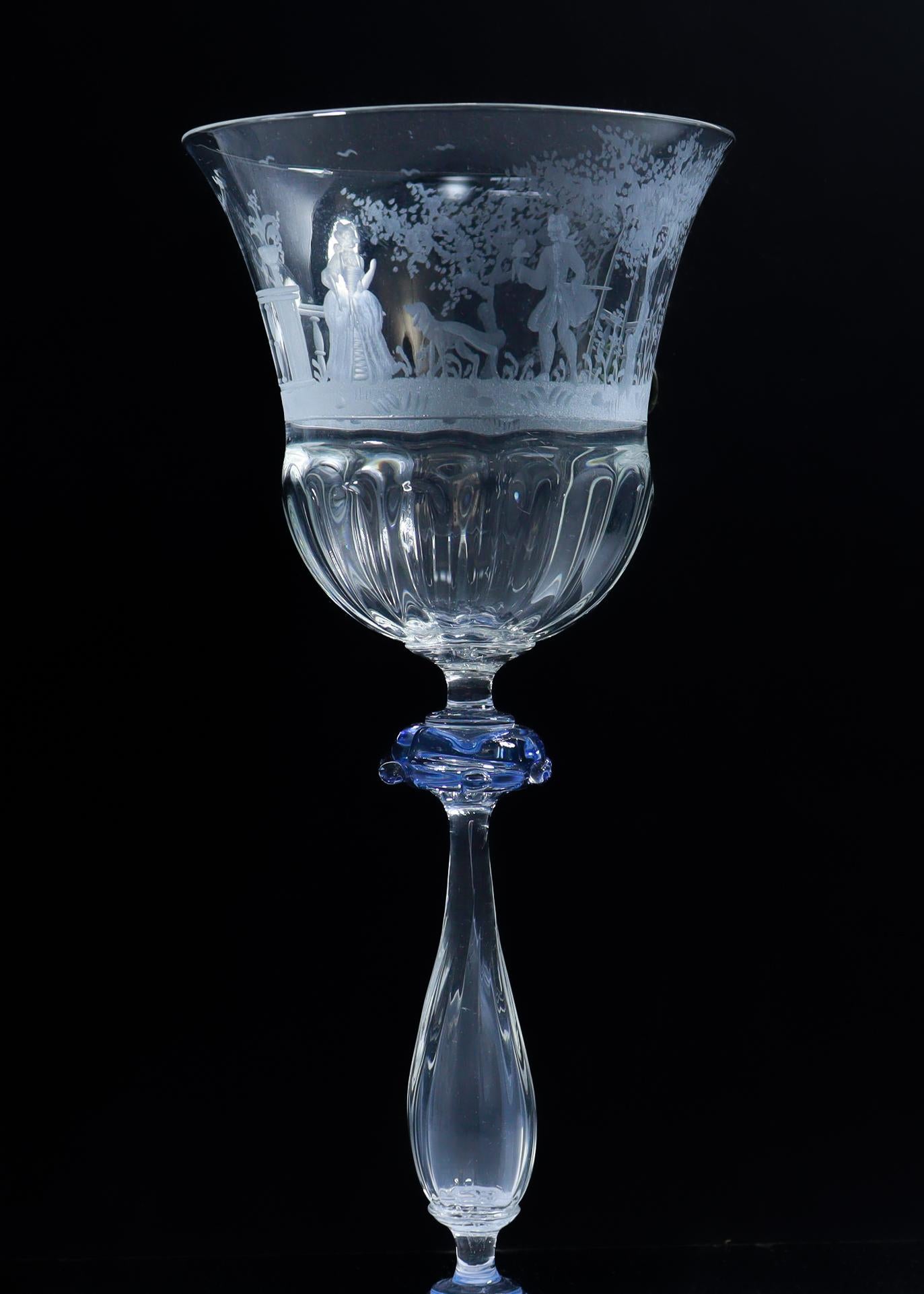Set of 12 Engraved Salviati Murano/Venetian Clear / Blue Glass Wine Goblet Stems 11