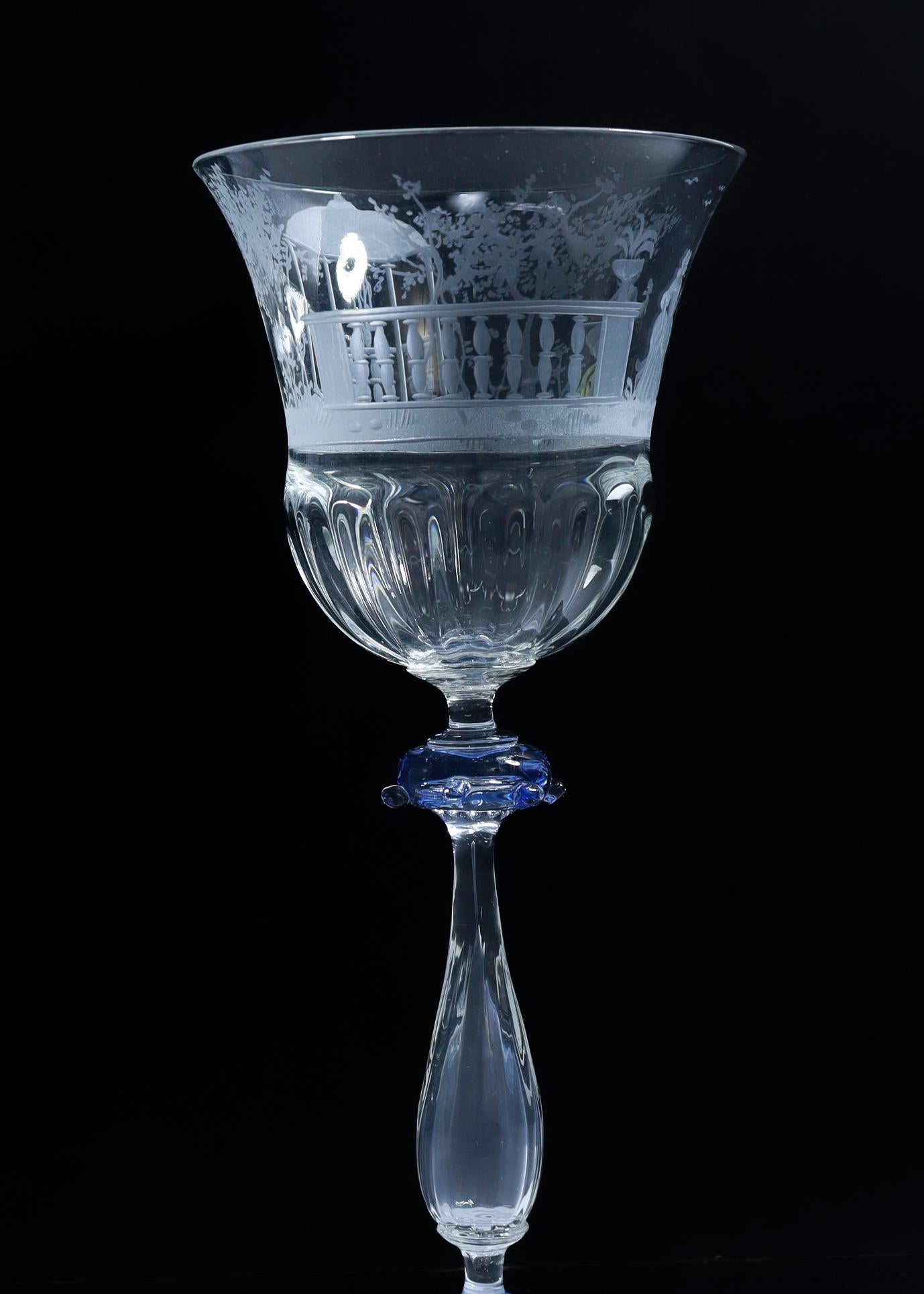 Set of 12 Engraved Salviati Murano/Venetian Clear / Blue Glass Wine Goblet Stems 12
