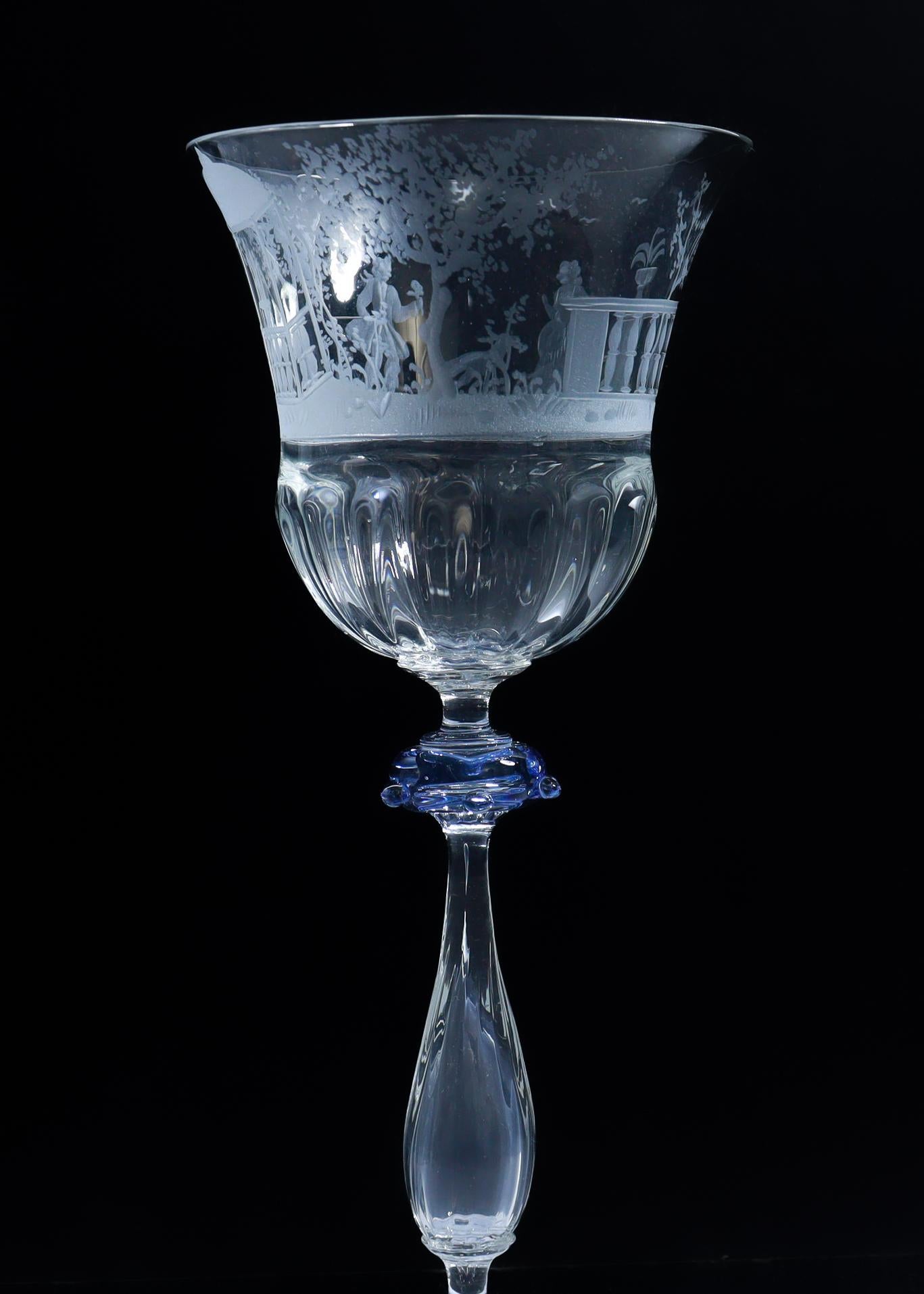Set of 12 Engraved Salviati Murano/Venetian Clear / Blue Glass Wine Goblet Stems 13