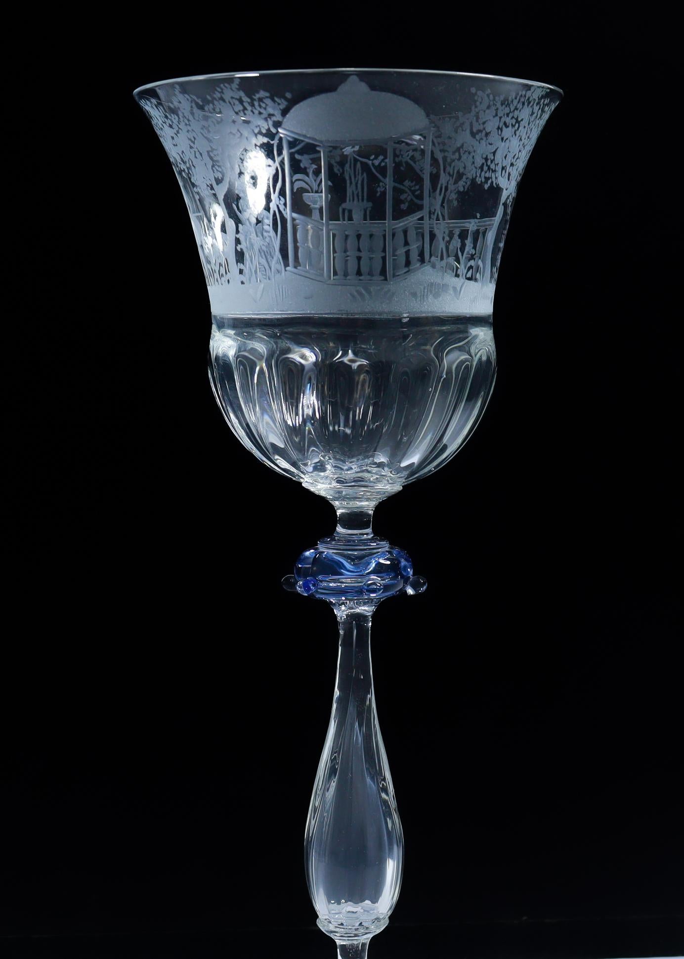 Set of 12 Engraved Salviati Murano/Venetian Clear / Blue Glass Wine Goblet Stems 14